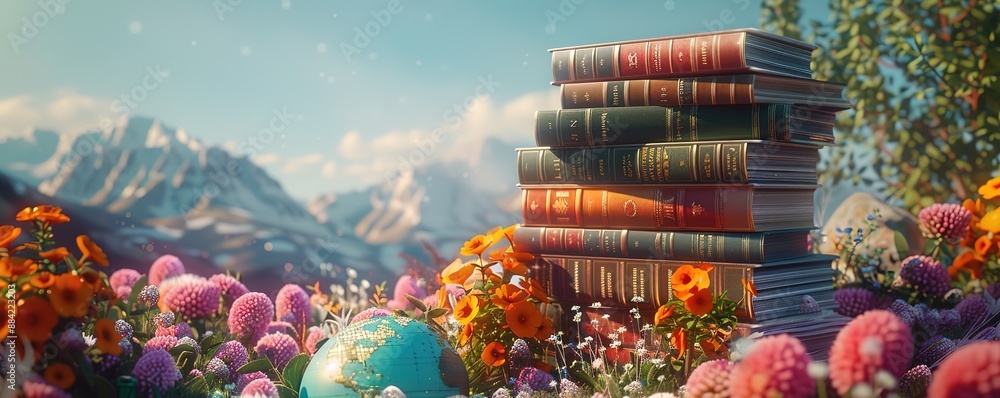 Wall mural stacks of books and an artificial globe in the middle of the garden with mountains in the background