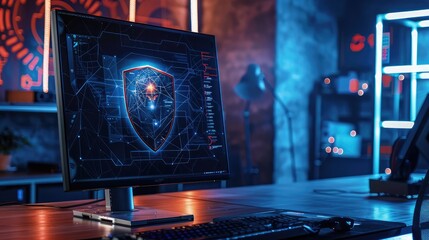 arafed computer monitor with a shield on it sitting on a desk