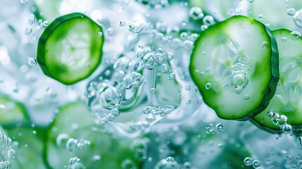  Cucumbers on green leaves with water droplets