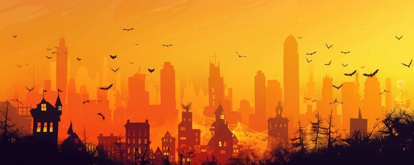 A Halloween scene with bats flying over a city. Illustration.