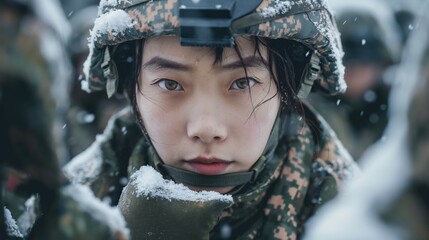 young chinese female soldier wearing camouflage and military helmet, dark brown hair with bangs, white skin, green gloves, big eyes, snowing heavily, surrounded by soldiers