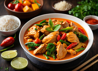 A bowl of red curry with tender chicken and mixed vegetables.