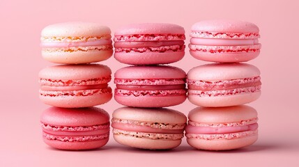 Fototapeta premium A tower of macaroons on a pink background, with each macaroon resting atop the next