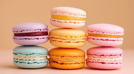 Fototapeta premium Macaroons stacked on top of each other on a pink tablecloth