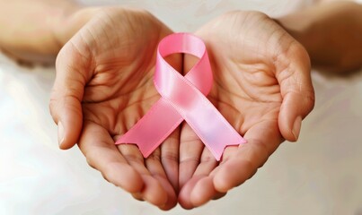 beautiful hands of woman holding pink ribbon for cancer awareness, closeup view on white background, concept to support people with cancer, isolated on clean background