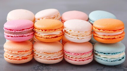 Fototapeta premium A collection of colorful macaroons arranged neatly on a gray background