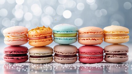 Fototapeta premium Macaroons stacked on top of each other against a silver backdrop with hazy light effects