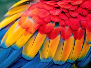 Fototapeta premium A close up of a bird's colorful feathers, with a mix of red, blue.