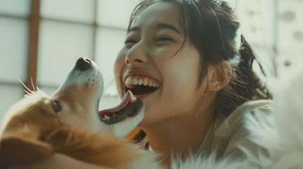 Asian women playing with funny dog. AI generated image
