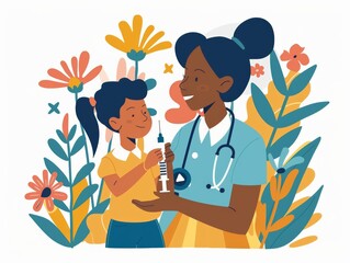 A smiling nurse gives a young girl a vaccination surrounded by flowers.