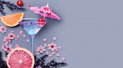   A pink and blue cocktail, garnished with a cherry, orange slice, leaves, and flowers