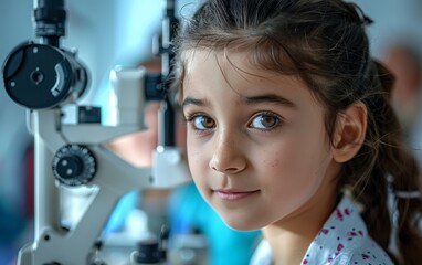 A young girl with brown hair and bright eyes looks directly at the camera during an eye exam. The ophthalmological equipment is visible in the background.