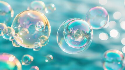 Naklejka premium A cluster of foam bubbles bobbing atop vibrant blue and green waters, brimming with various bubbles under the radiant sun