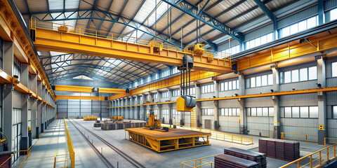 Industrial Factory Interior with Overhead Crane.