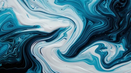 Obraz premium A close-up of a blue, white, and black fluid paint textured with black and white swirls on a black background