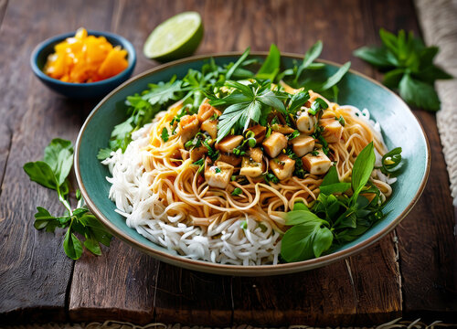 Wide-angle shot of a plate of Khanom Jeen Nam Ya with rice noodles and fresh herbs, captured from an overhead view.