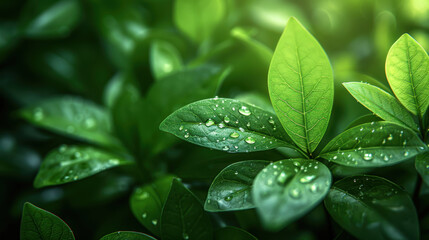 Close-up of raindrops on green leaves.