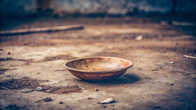Abandoned empty bowl lies on a gritty, barren floor, symbolizing the desperation and sorrow of a refugee child's struggle for survival in a war-torn world.