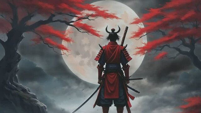 Animation Japan Knight Warrior With Moon And Tree.Japanese Samurai Soldiers HD Footage