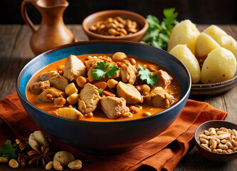 Fototapeta premium A vibrant bowl of Massaman curry with chicken, potatoes, and a sprinkle of roasted peanuts, taken from a three-quarter angle.