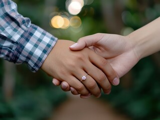 Romantic Couple's Hand Holding Photo with Engagement Ring, A Beautiful Gesture Captured in a Memorable Image