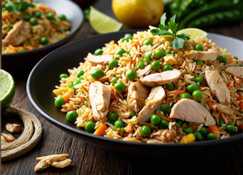 Classic fried rice with chicken, peas, and a side of lime wedges, viewed straight-on.