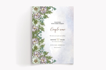 WEDDING INVITATION FRAME WITH FLOWER DECORATIONS AND FRESH LEAVES