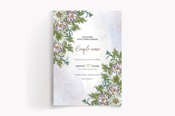 WEDDING INVITATION FRAME WITH FLOWER DECORATIONS AND FRESH LEAVES