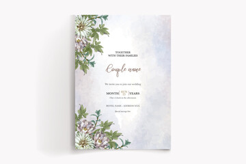 WEDDING INVITATION FRAME WITH FLOWER DECORATIONS AND FRESH LEAVES