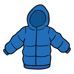 Hand drawn cartoon blue winter jacket on white background.