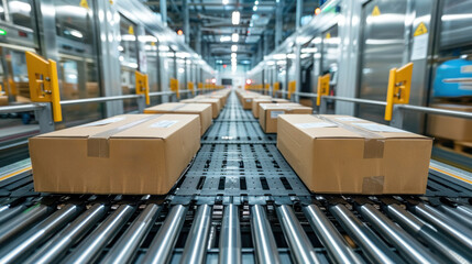 Naklejka premium A long conveyor belt with many boxes on it. The boxes are being transported to their destination.