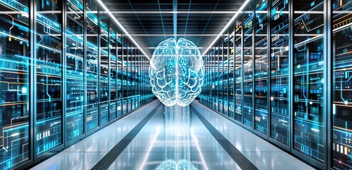  Illustration of an artificial brain from white neon light lines in a network server room with a futuristic concept