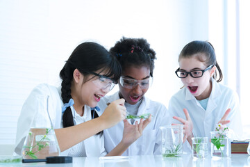 Young girls of multi races are happy and excited about the results of science experiments in the lab.