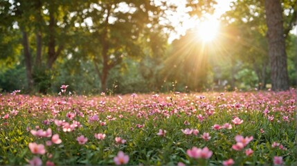Obraz premium beautiful landscape park garden field pink flowers foreground