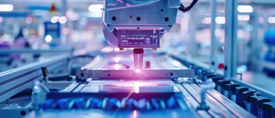 A laser engraver precisely etches designs on metallic surfaces in a highly controlled factory environment.