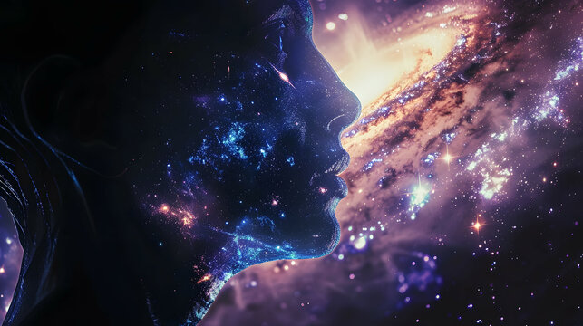 A landscape of space and galaxies spread out against the background of an alien's profile that resembles a human face.