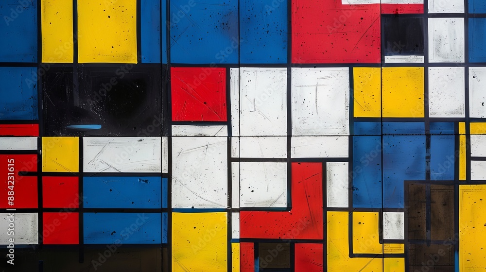 Poster This vibrant image showcases a geometric abstract art piece, filled with primary colors like red, blue, yellow, in a grid pattern reminiscent of Mondrian's works.