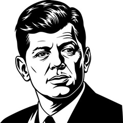 Black and white drawing of a man in a suit with facial features