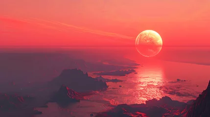 Fototapete  A solar planet with a stunning view of a red giant star, casting a warm glow over the landscape  © Muhammad
