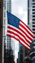 Close-up of the American Flag Waving in the City