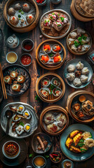 Assorted Chinese Dumplings and Dishes. generative ai illustration.