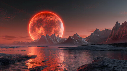  A solar planet with a stunning view of a red giant star, casting a warm glow over the landscape 
