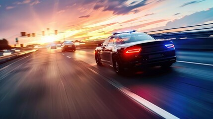 Police Car Driving at Sunset