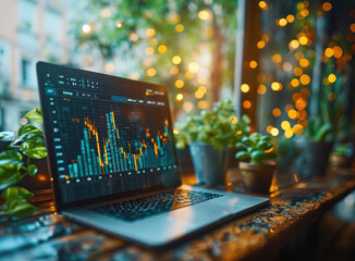 A laptop with graphs and charts on the screen sits on a table near a window. 