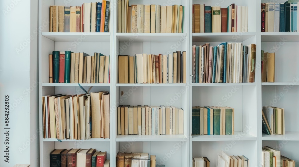 Poster bookshelf filled with books in a library, offering a wide array of literature for readers to enjoy