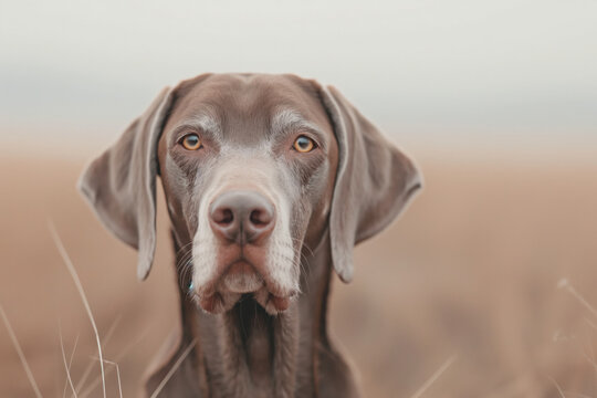Brown & White German Shorthaired Pointer in field, looking serious against blurred background