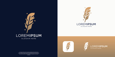 minimalist feather pen signature logo design inspiration combined with gold color brand. © ulhaq_std