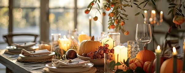 Cozy autumn dinner setup with pumpkins, candles, and fall decor creating a warm and inviting atmosphere on a beautifully set table.