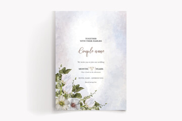 WEDDING INVITATION FRAME WITH FLOWER DECORATIONS AND FRESH LEAVES