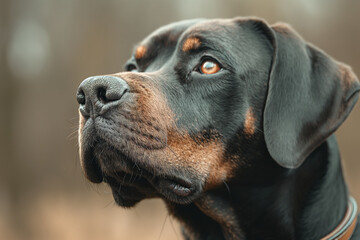 Black Rottweiler dog with tan markings looks up, focused on something off-camera